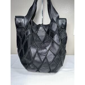 Dautore Black Suede W Diamond Shaped Leather Patches Soft Slouchy Large Tote Bag